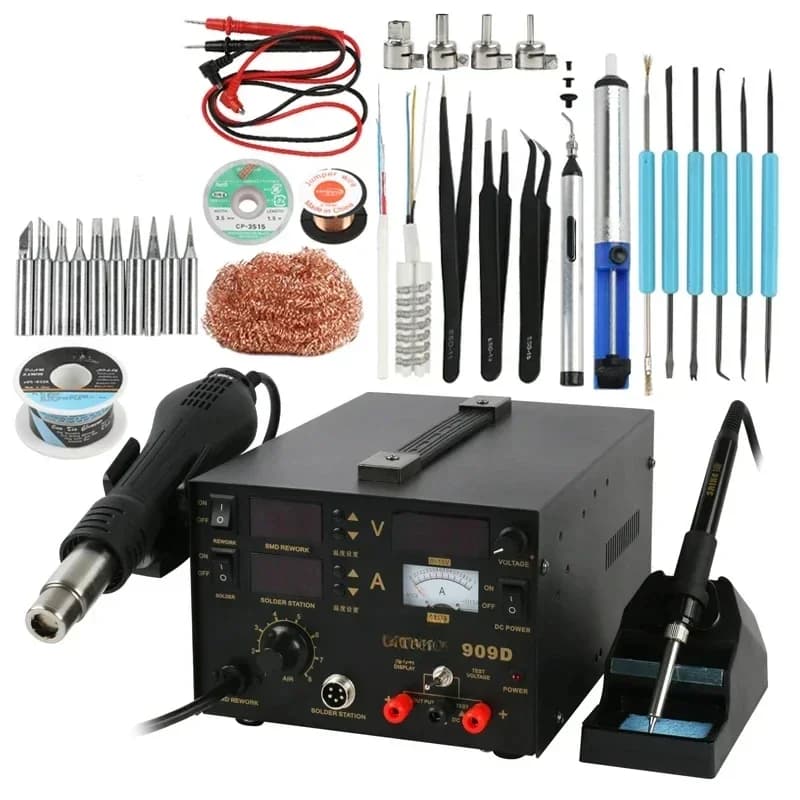 Stazione di saldatura e dissaldatura SAIKE 909D SMD 3 in 1 con pistola termica, alimentatore CC per la riparazione di PCB
