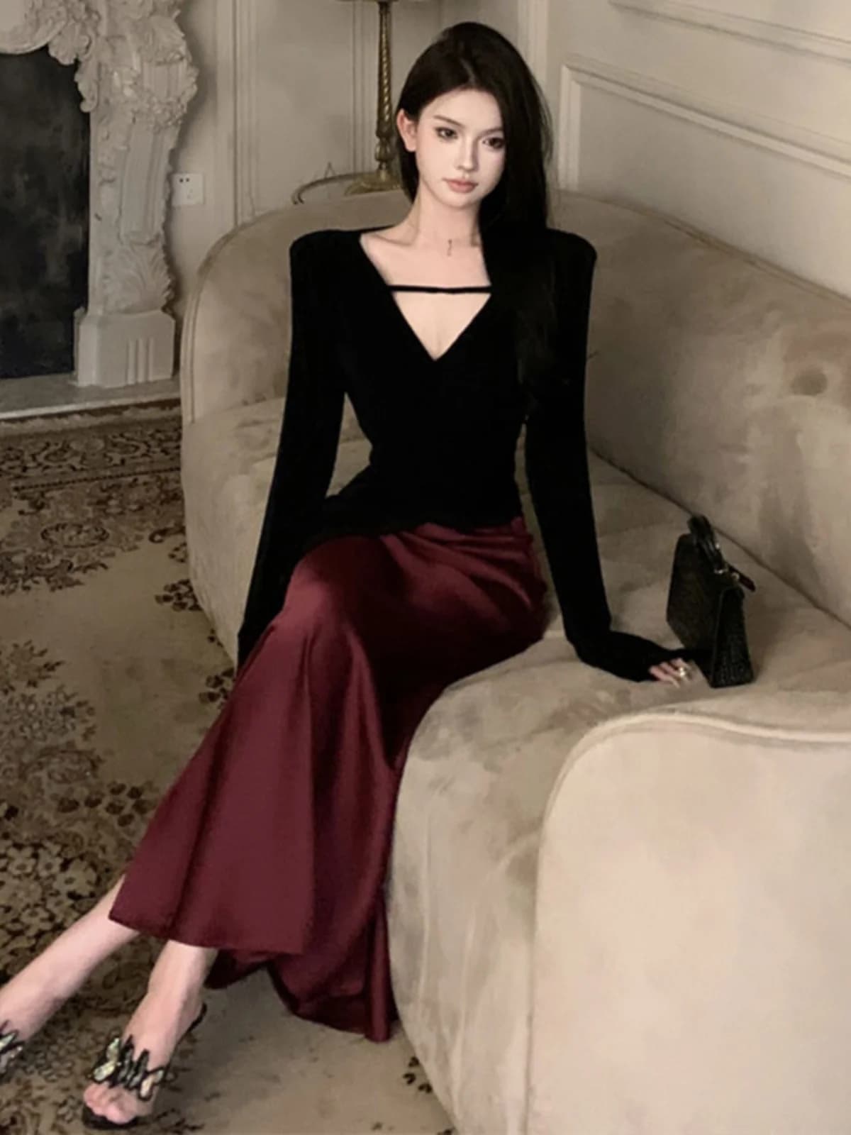 Sexy V-neck Long Sleeve T-shirt High Waist Draping Skirt Two-piece Set Women's Fashion Spring Autumn Cotton Comfortable Fit