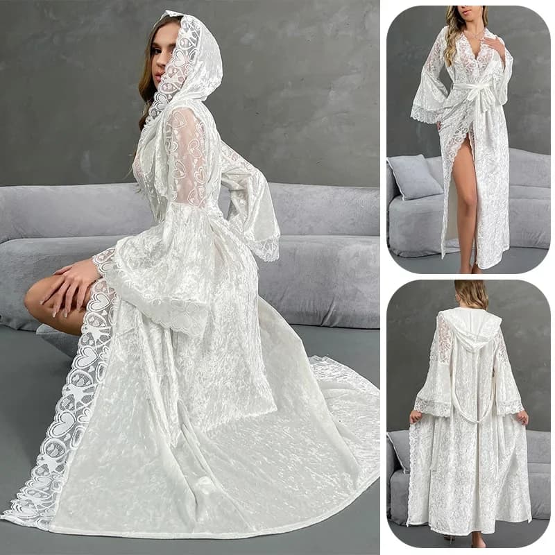 Accappatoio Extra Lungo in Stile Europeo e Americano, Sexy con Pizzo, Lussuoso in Velluto con Cappuccio e Maniche Lunghe, Vestaglia da Notte per Casa
