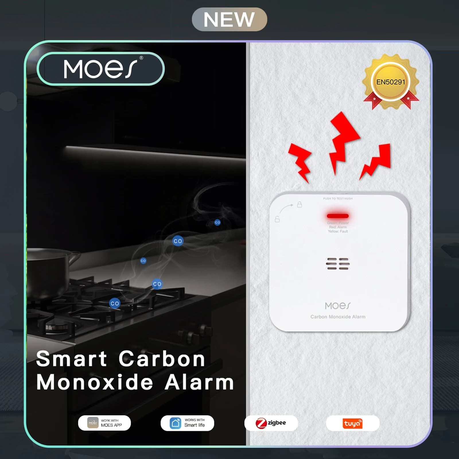 Rilevatore di monossido di carbonio intelligente MOES Tuya ZigBee, sensore di allarme per perdite di gas, sirena wireless per la sicurezza domestica, compatibile con ZigBee Hub