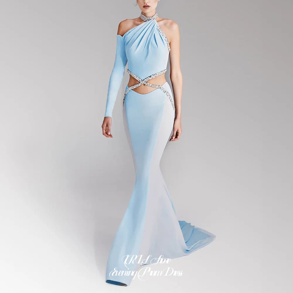 Chic Halter One‑Shoulder Mermaid Evening Dresses for Women Long Sleeve Cut‑Out Crystal Waist Floor‑Length Formal Prom Gown