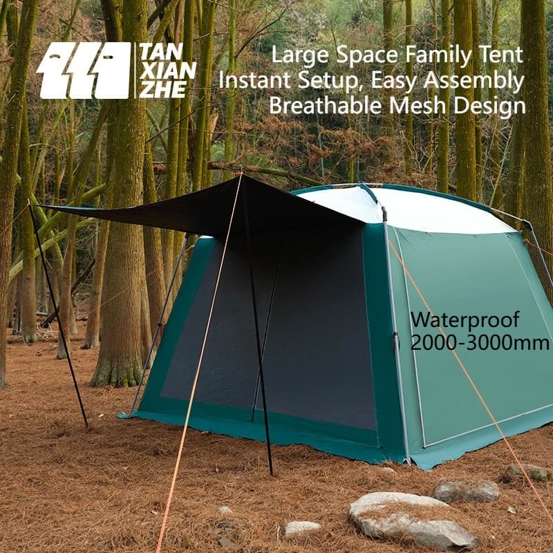 300x300x205cm Exterior Parasol Tent with Waterproof Black Coating, Large Family Gazebo with Glass Iron and Fiber Poles, Camping Solution