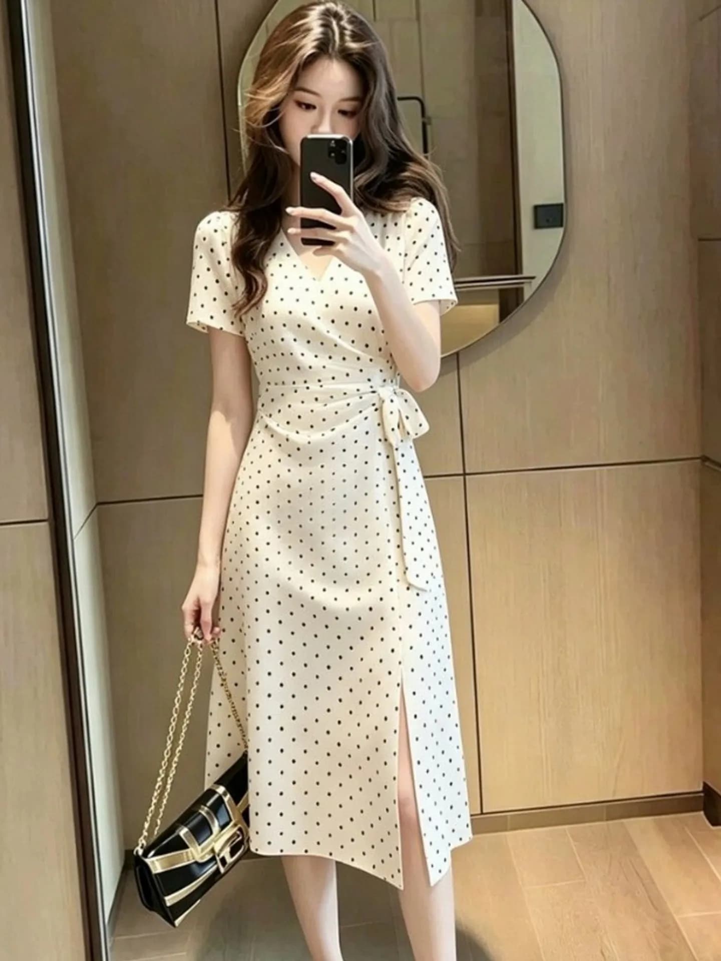 Summer Polka Dot V Neck Short Sleeve Dress Women's Waist Cinching Slimming Split Bodycon Midi Skirt French Style a Line Dress