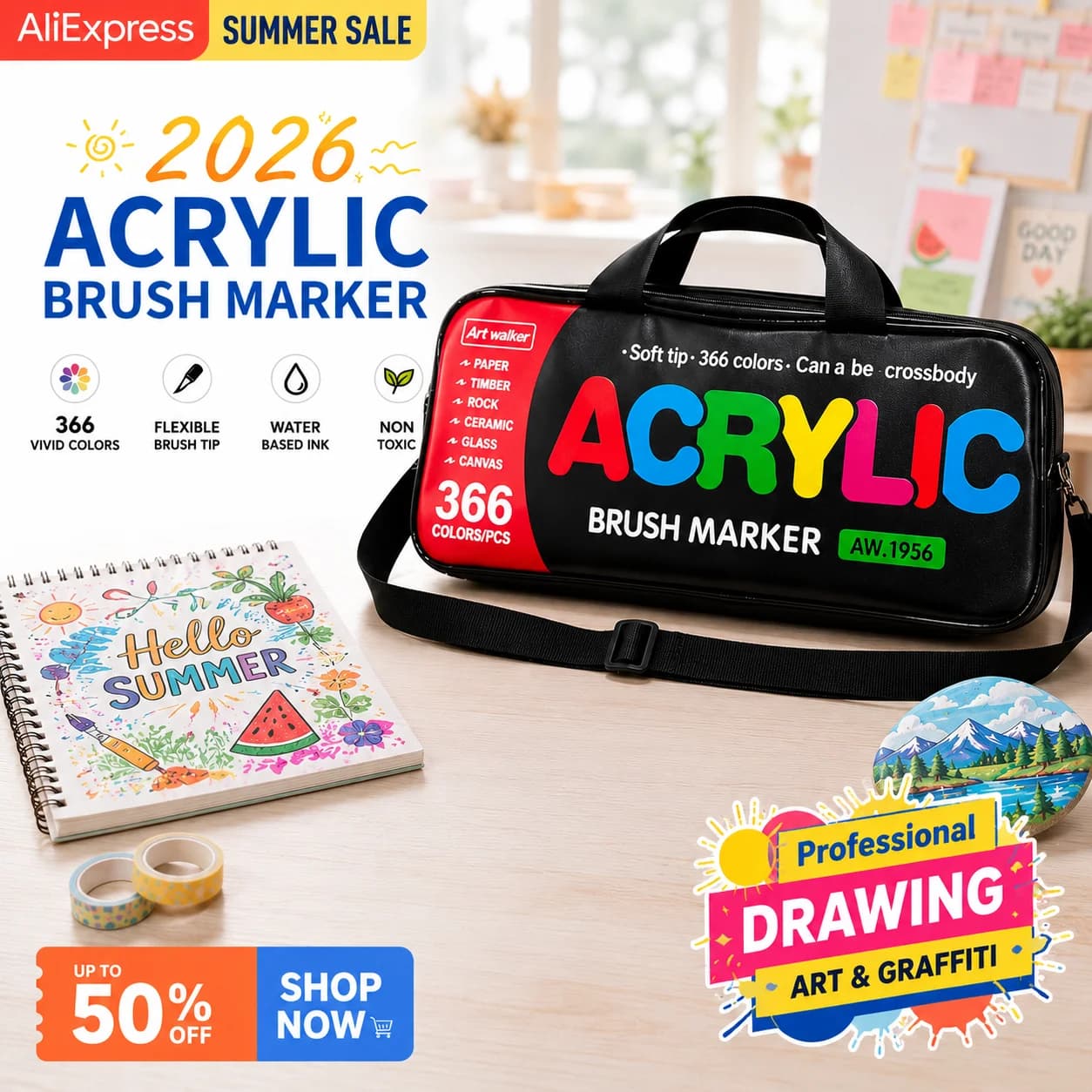 Set di 366 Pennarelli Acrilici Professionali con Punta a Pennello, Penne per Pittura con Borsa a Tracolla Portatile, Marcatori Artistici Impermeabili per Roccia e Legno