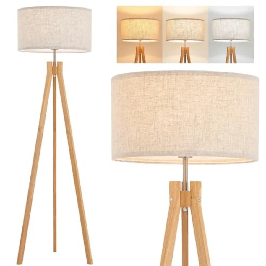 Lampada da Terra Nordica in Legno con Treppiede, Moderna Lampada da Lettura per Soggiorno, 3 Temperature di Colore, Lampadina LED Inclusa, Lampada Flaxen S
