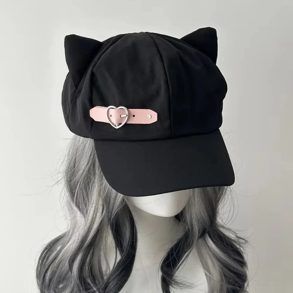 Y2K Cat Ears Lolita Beret Hat Cotton Harajuku-Inspired Gothic Flat Cap Steampunk Punk Style Zipper Sun Hat Women Girls