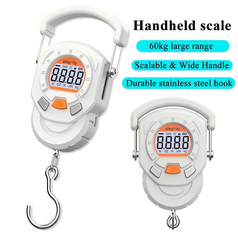 Bilancia Digitale Portatile 60kg/10g, Bilancia Elettronica per Pesca e Bagagli, Ricarica a Batteria/USB, Display LCD, Bilancia con Gancio