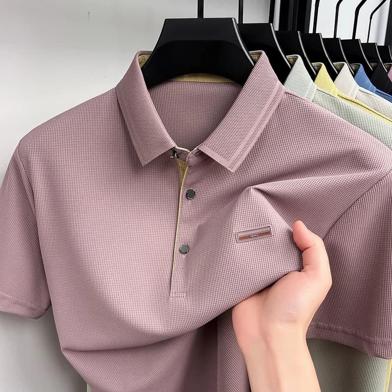 Office Casual Male Short Sleeve Polo Shirt Full Honeycomb Jacquard Breathable Mesh Two Metal Placket Buttons Work Daily Wear