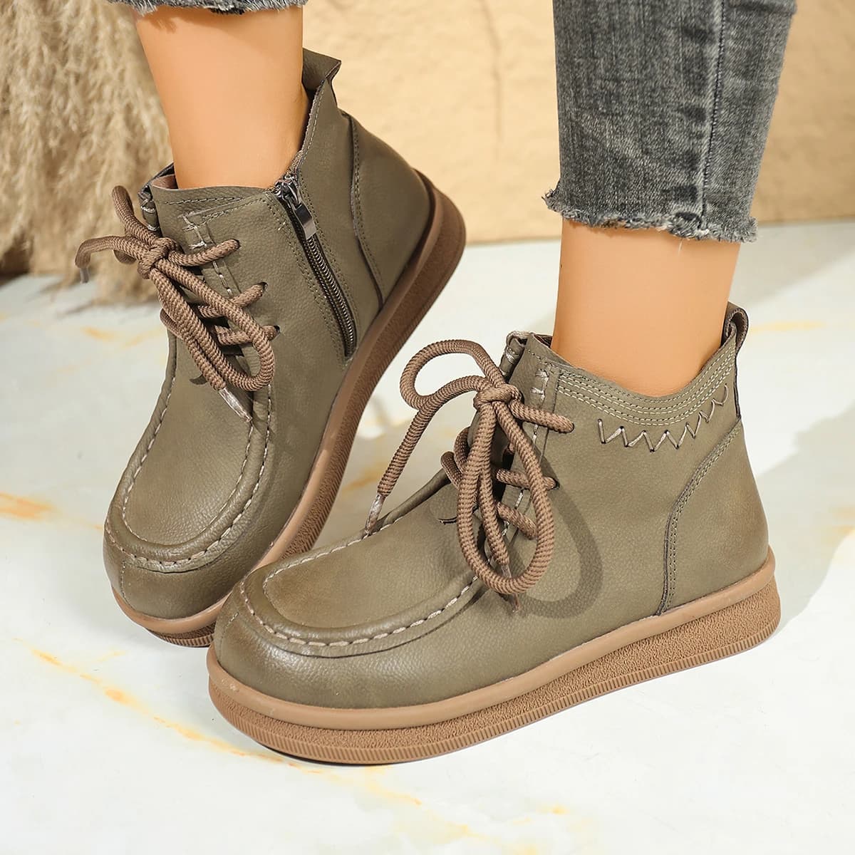 Women Round Toe Ankle Boots Casual Flat Lace Up Leather Shoes Woman Comfortable Non Slip Autumn Winter Short Boots Zip Sneakers