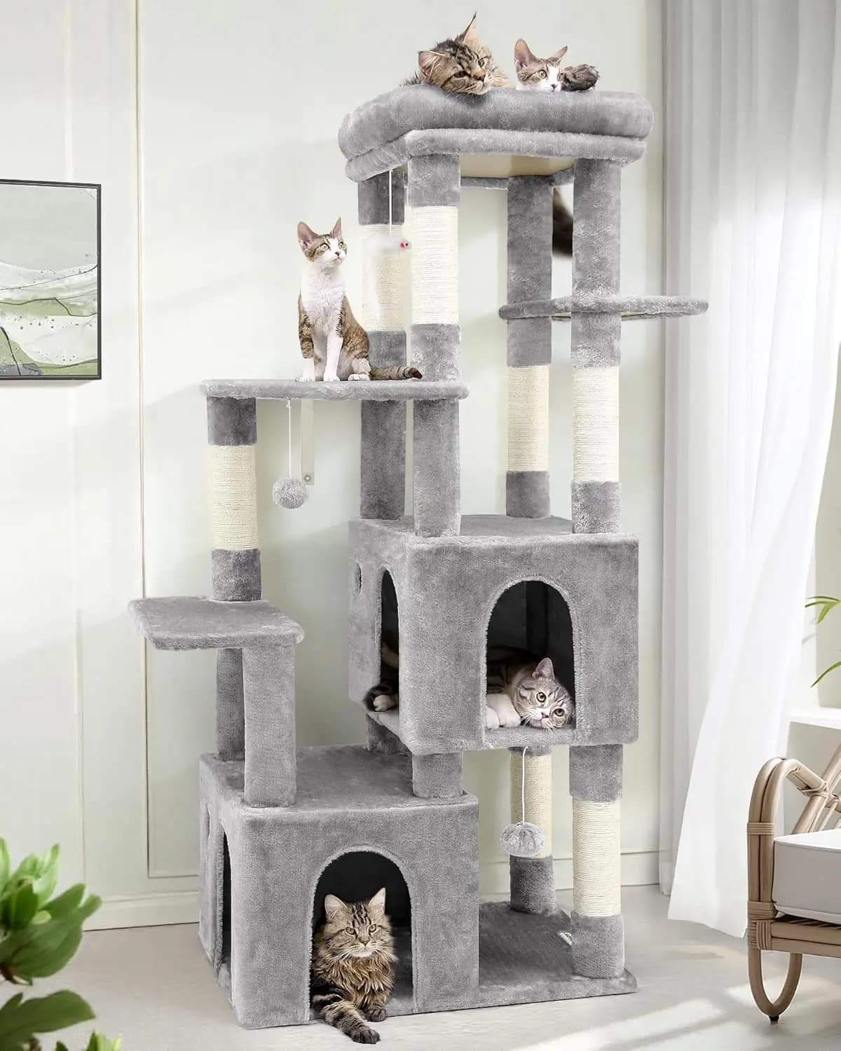 Grande Albero per Gatti da Interno con Tiragraffi, Postazione Superiore Extra e Cuccette, Grigio Chiaro, 61 Pollici