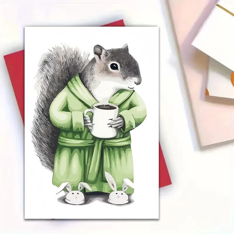 Comfortable green bathrobe squirrel holding cup - fantastic watercolor greeting card, suitable for giving to best friends