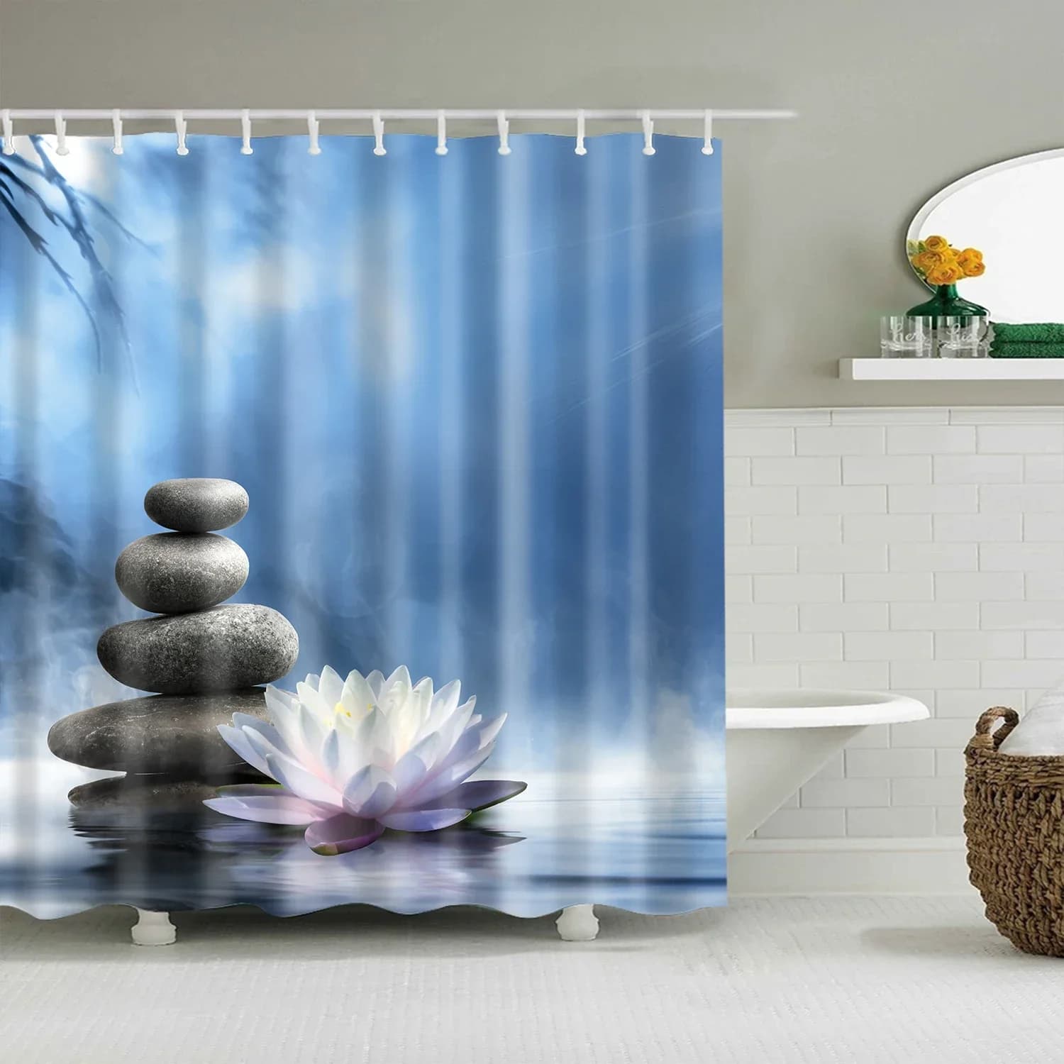 Tende da bagno stampate con piante di Buddha Tessuto in poliestere impermeabile Tenda da doccia per bagno Schermo con ganci Tende da bagno