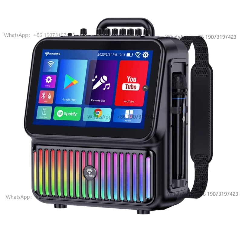 Sistema Karaoke All-in-One con Doppio Schermo Touch da 4'', Wireless, Smart, LED RGB, 120W, Sistema Android, 12 Macchine per Karaoke, Altoparlante per Feste