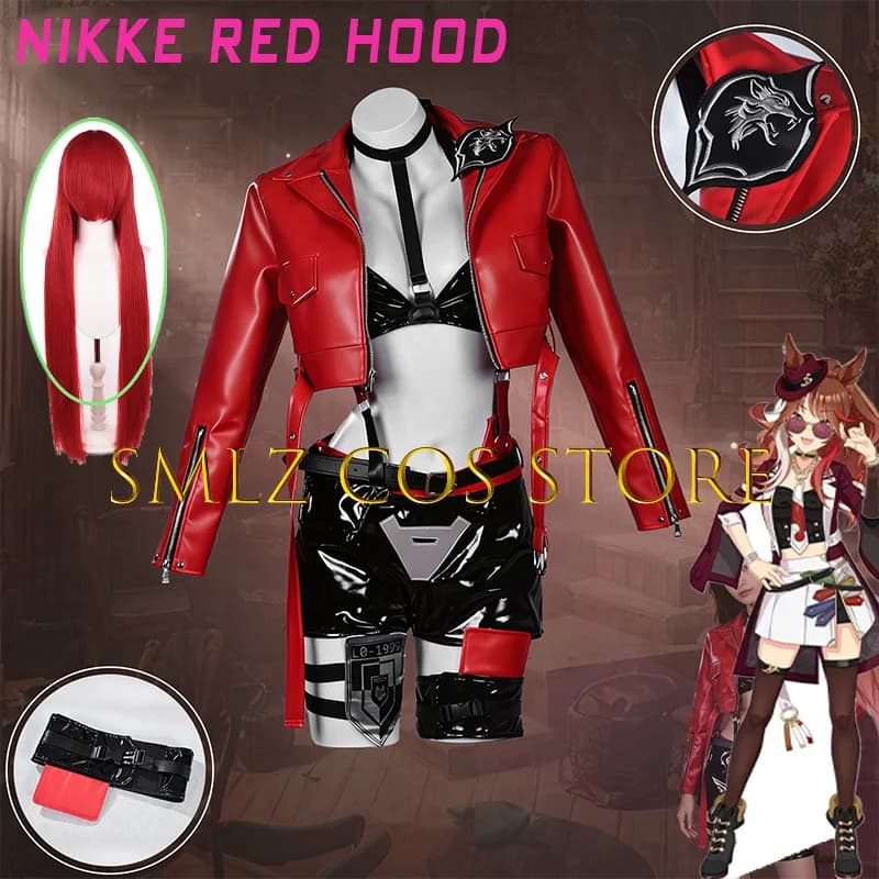 Game Nikkee Red Rapi Little Red Riding Hood Cosplay Costume Woman Pu Coat Bra Pants Prop Wig Set Halloween Party Play Outfit