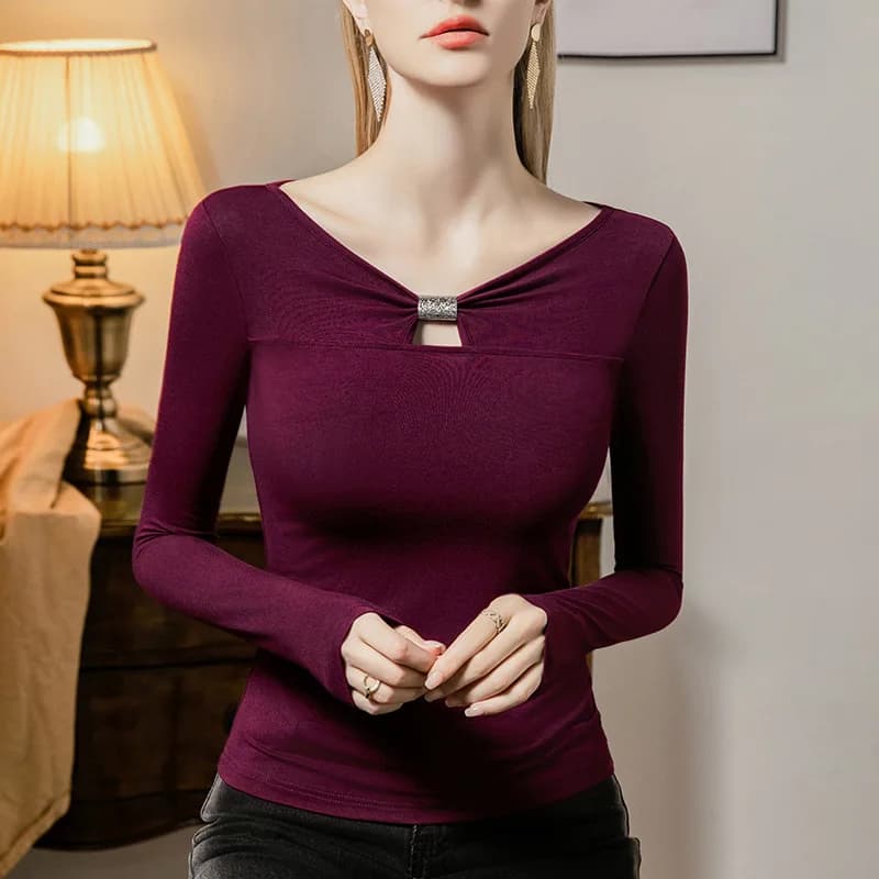Women Modal T Shirts New Fashion Hollow Out V Neck Tops Korean Casual Long Sleeve T shirt