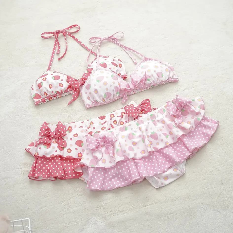 Complete beach bikini Y2K 2026 summer sweet pink with patchwork, bow design and sexy laces, casual style, for beach holidays