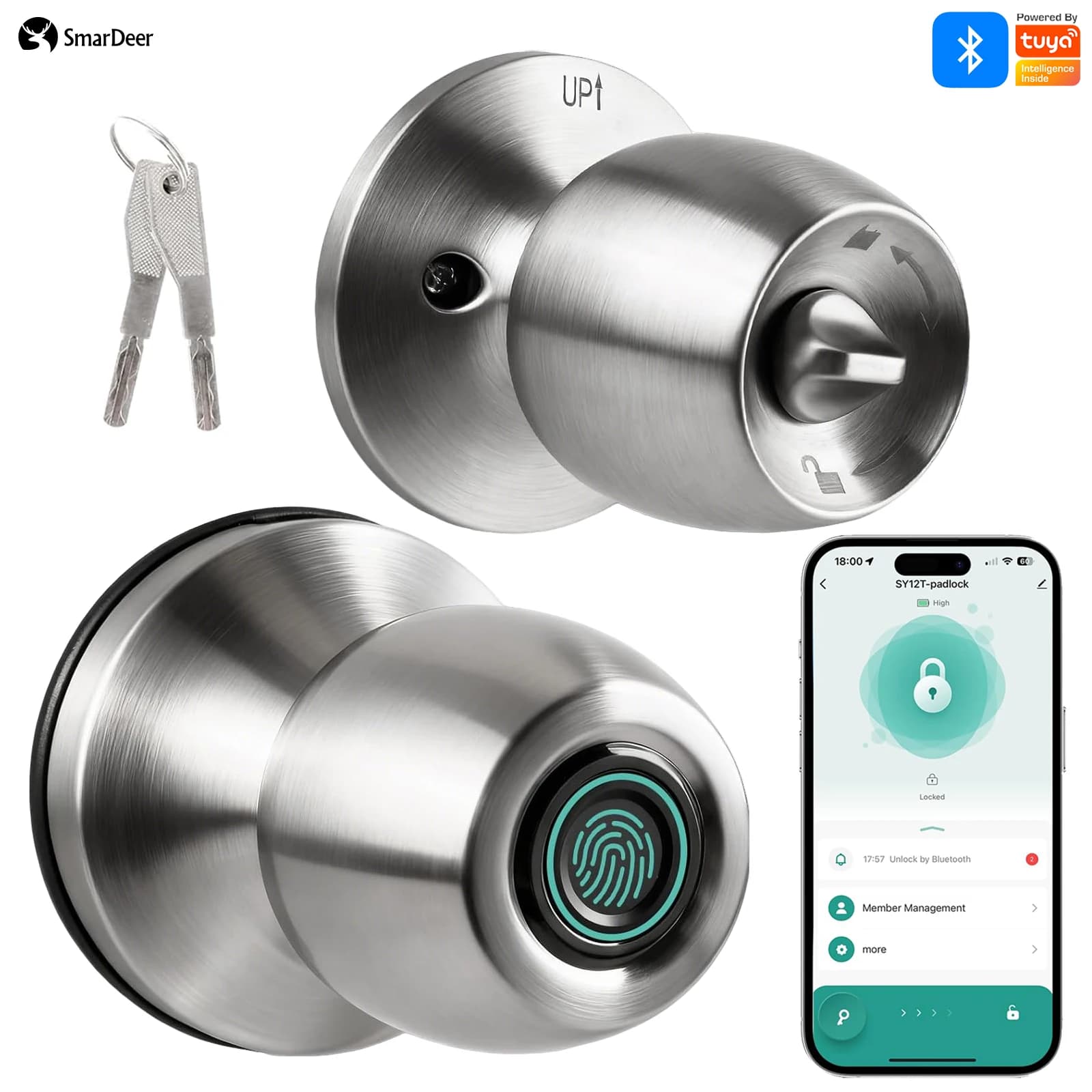 Serratura con Impronta Digitale SmarDeer per Tuya Smart Lock con Bluetooth, Apertura Senza Chiave con Impronta Digitale e App Tuya