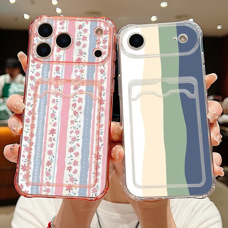 Floral Stripes Case For iPhone 17 Pro Max Clear TPU Silicone Card Slot Back Cover For iPhone 16 15 14 13 Pro Max 11 16E 17E