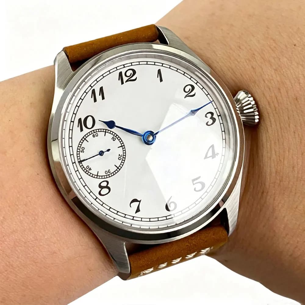 Orologio Meccanico Tandorio 42mm Vintage con Quadrante Bianco e Lancette Blu, Movimento ETA 6497 a Carica Manuale, Vetro Zaffiro, Stile Pilota, Reloj Hombre