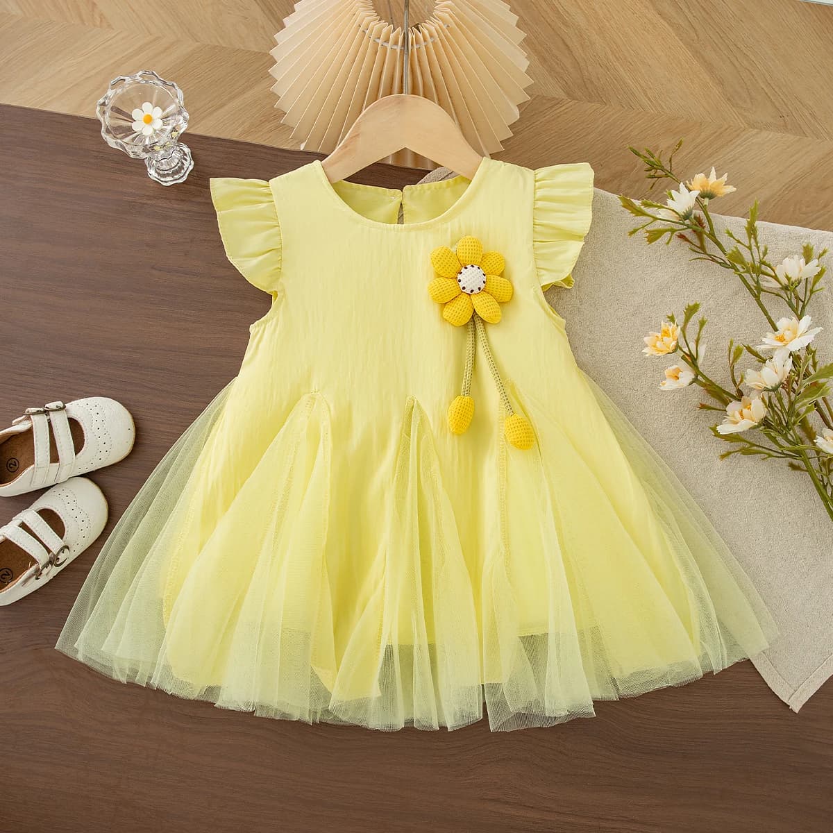 Nuovo vestito estivo giallo per bambina, bellissimo vestito senza maniche con fiori per bambini (9 mesi - 4 anni)