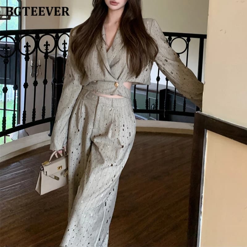 BGTEEVER primavera autunno sciolto donna Blazer stampato Set manica lunga doppio petto giacche e pantaloni a gamba larga a vita alta