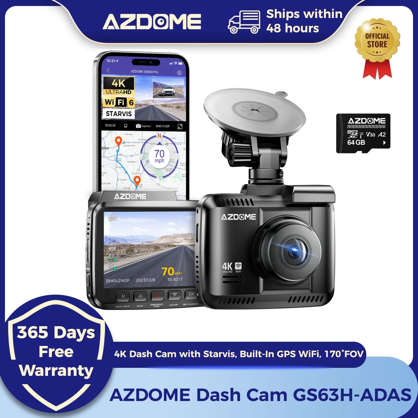 AZDOME Dash Cam GS63H 4K Built-In GPS Wi-Fi Dash Car Camera with Starvis 2.4" Screen WDR Night Vision Car DVR Parking Monito