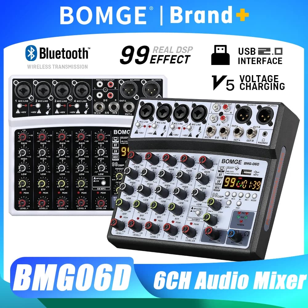 Mixer Audio BOMGE a 6 Canali con 99 Effetti DSP, Registrazione su PC, Alimentazione Phantom 48V, USB, Bluetooth, Console DJ per Karaoke