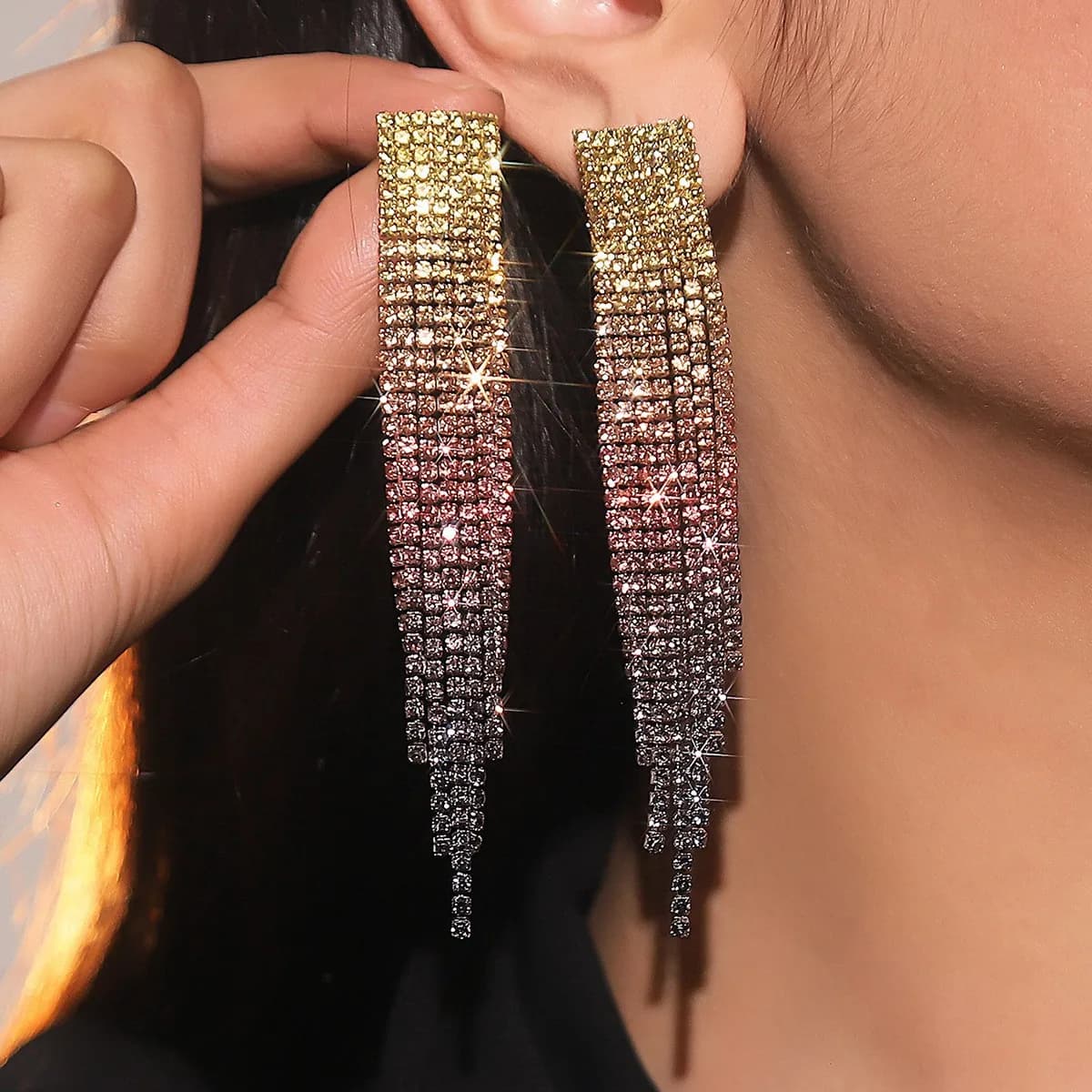European and American style black gradual change shiny full diamond tassel long earrings women's high sense temperament rhinestone ear jewelry