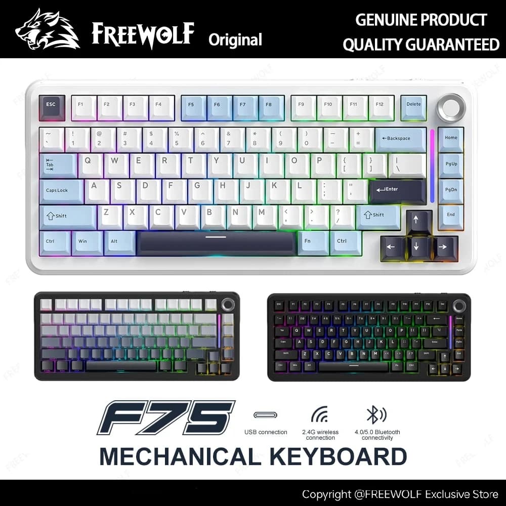 Tastiera meccanica F75 FREEWOLF * Tastiera Bluetooth a tre modalità AULA F75, dedicata per giochi e uffici