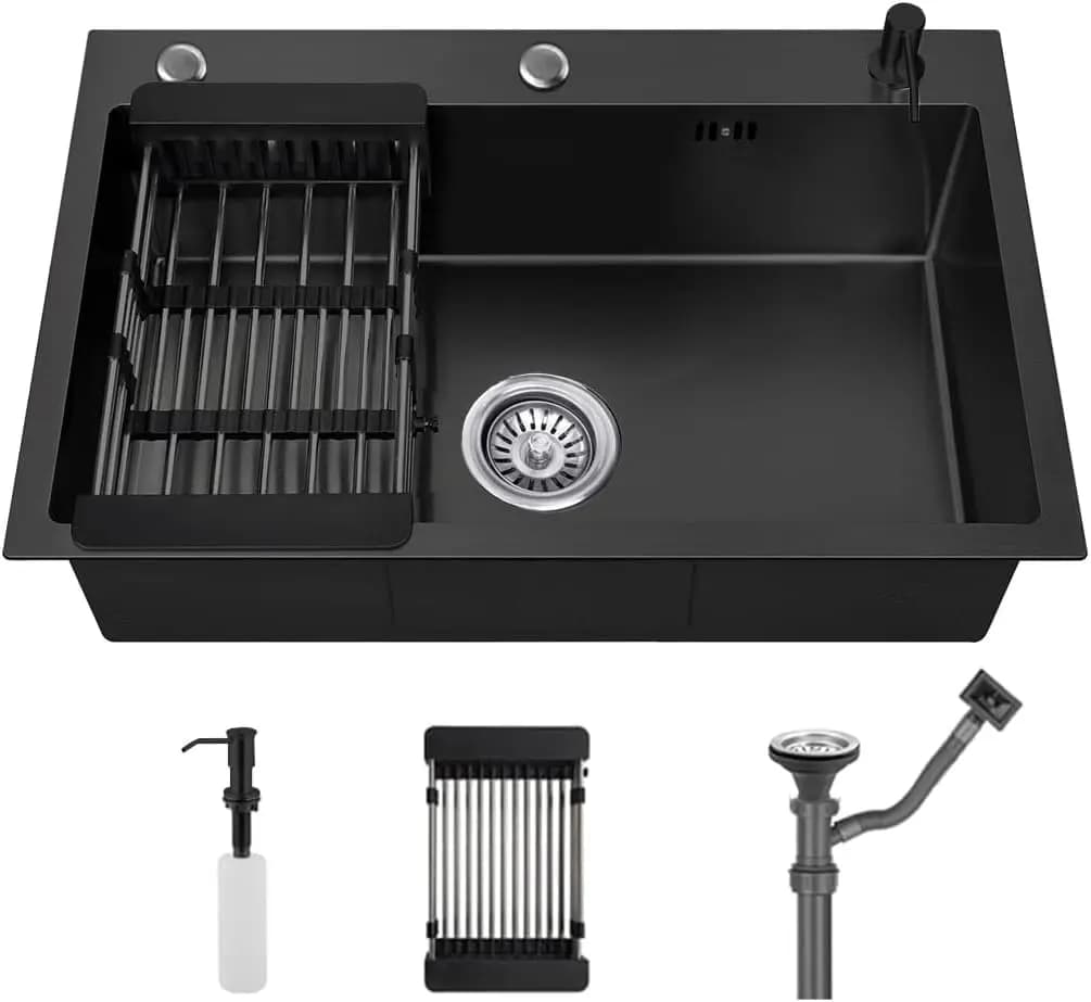 Lavello da cucina a incasso 19.7x17.7in, nero, in acciaio inossidabile, a vasca singola, con cestello di scarico e dispenser sapone
