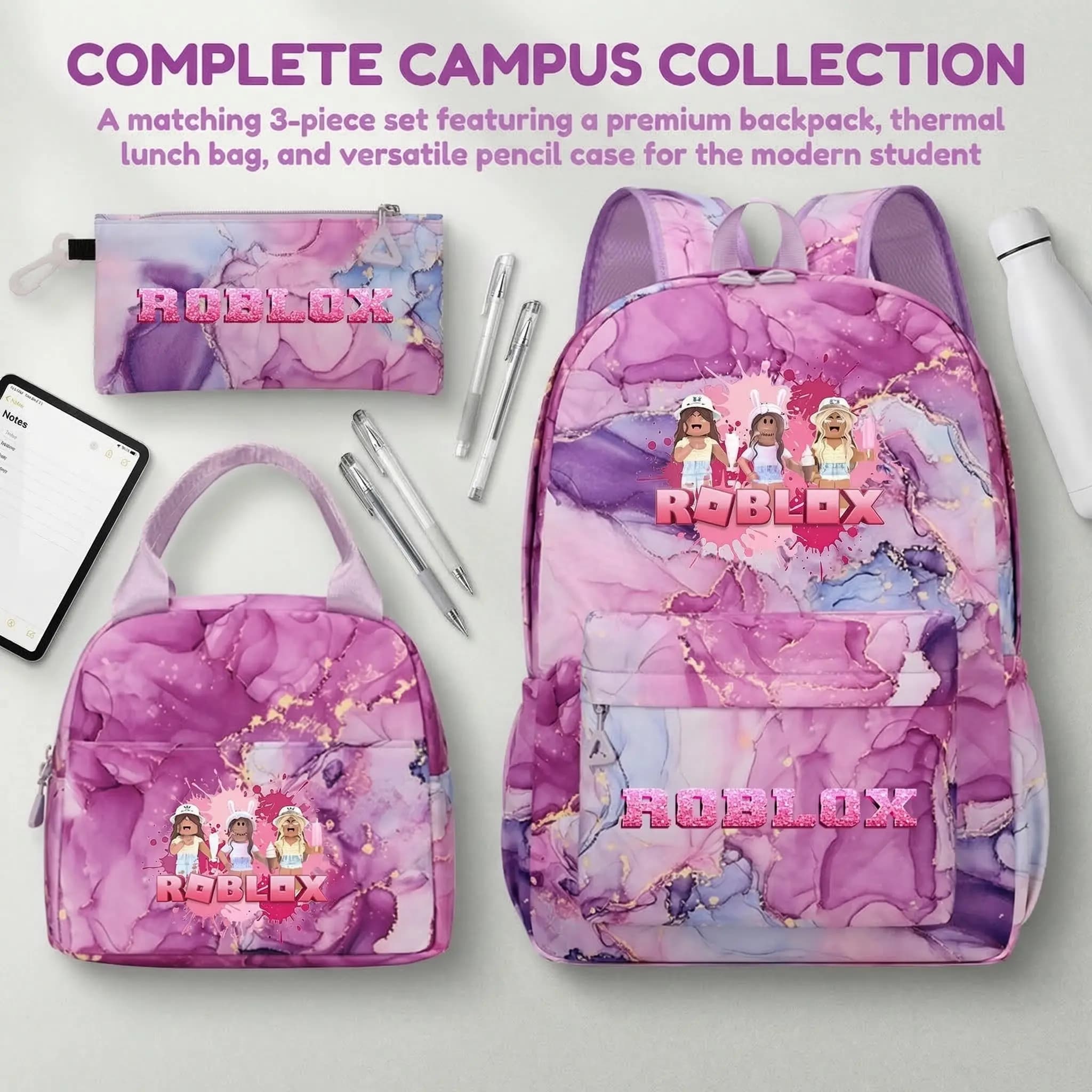 Set Zaino Studentesco Stampato con Tema Roblox per Ragazze, Include Borsa a Tracolla, Borsa Pranzo e Astuccio