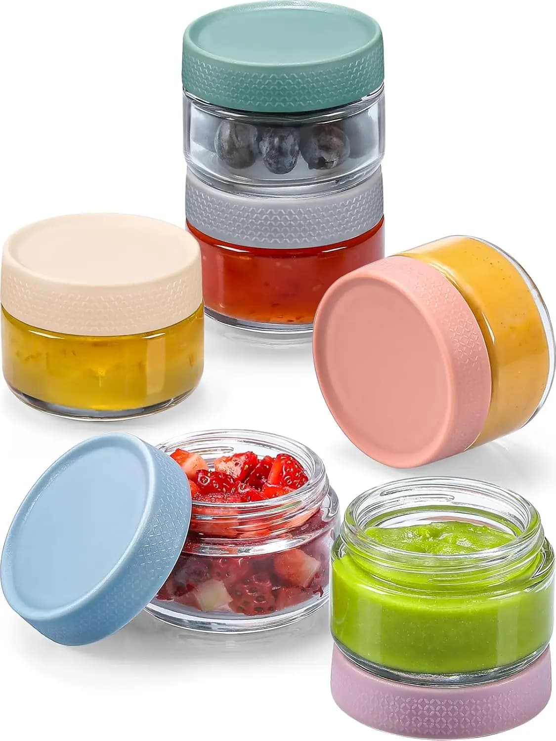 Set di 6 Contenitori in Vetro per Condimenti con Coperchi, Piccoli Barattoli per Salse per Preparazione Pasti e Lunch Box