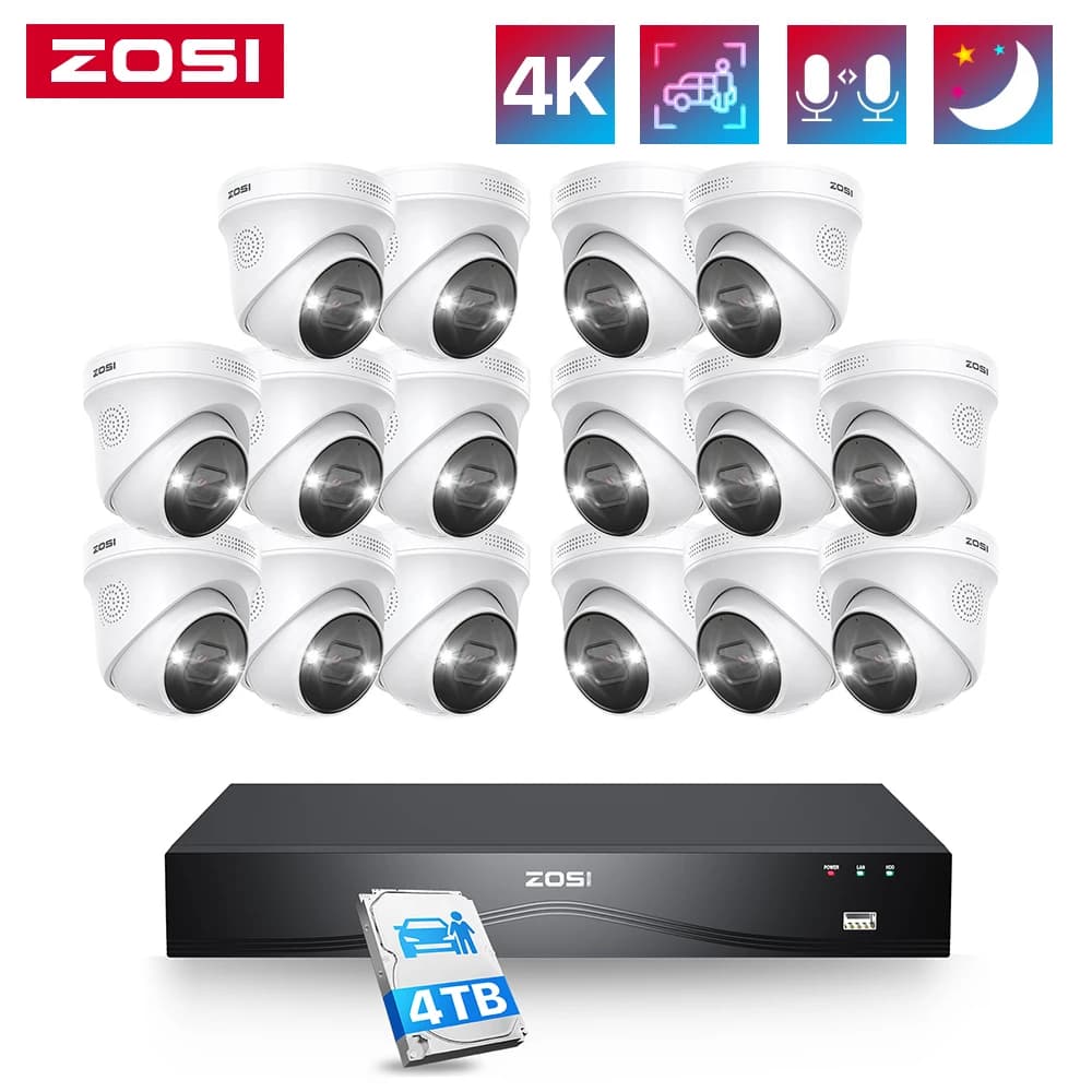ZOSI 32 Channels 4K PoE with 8MP Dome Cameras for Exterior and Interior, NVR 16 Doors 32 Channels, HDD 4TB, Surveillance 24/7