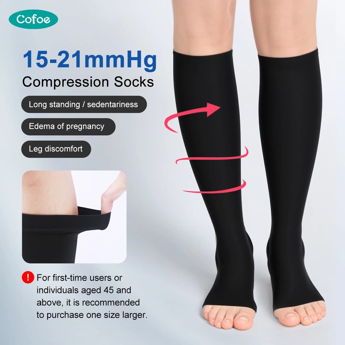 Cofoe Medical Calza a compressione senza dita Calzini a compressione media Ginocchio antiscivolo Previene il gonfiore delle vene varicose