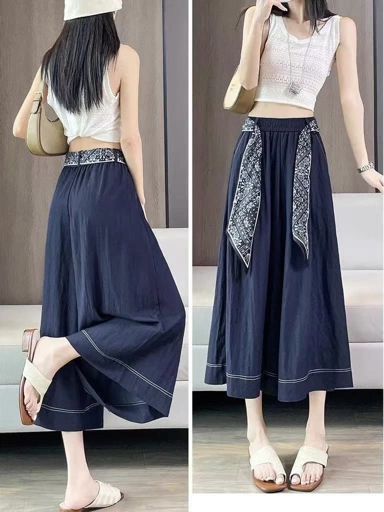 Pantaloni a Vita Alta e Gamba Larga, Stile Casual Drappeggiato, Sottili, Blu, Nuova Collezione Estiva, Moda Femminile