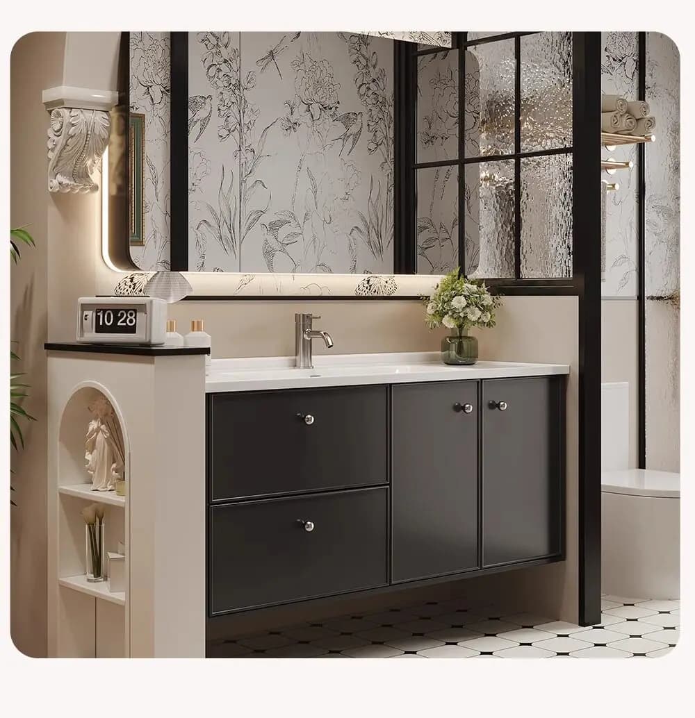 xx-French Light Luxury Black Bathroom Vanity Unit, Wash Sink Cabinet, Minimalist Frame Mirror&