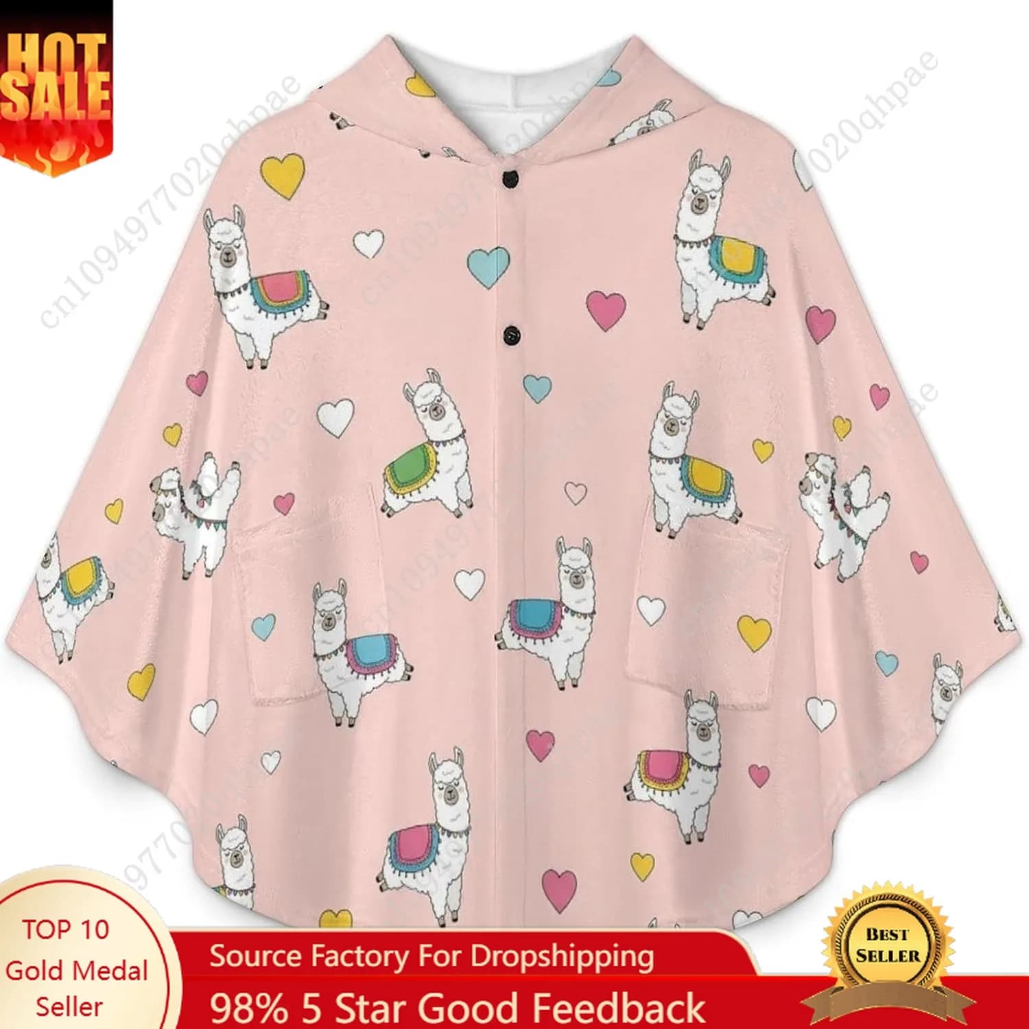 Comodo maglione coperta in flanella, felpa con cappuccio oversize con simpatici cuori Llamas con tasche per bambini e adolescenti