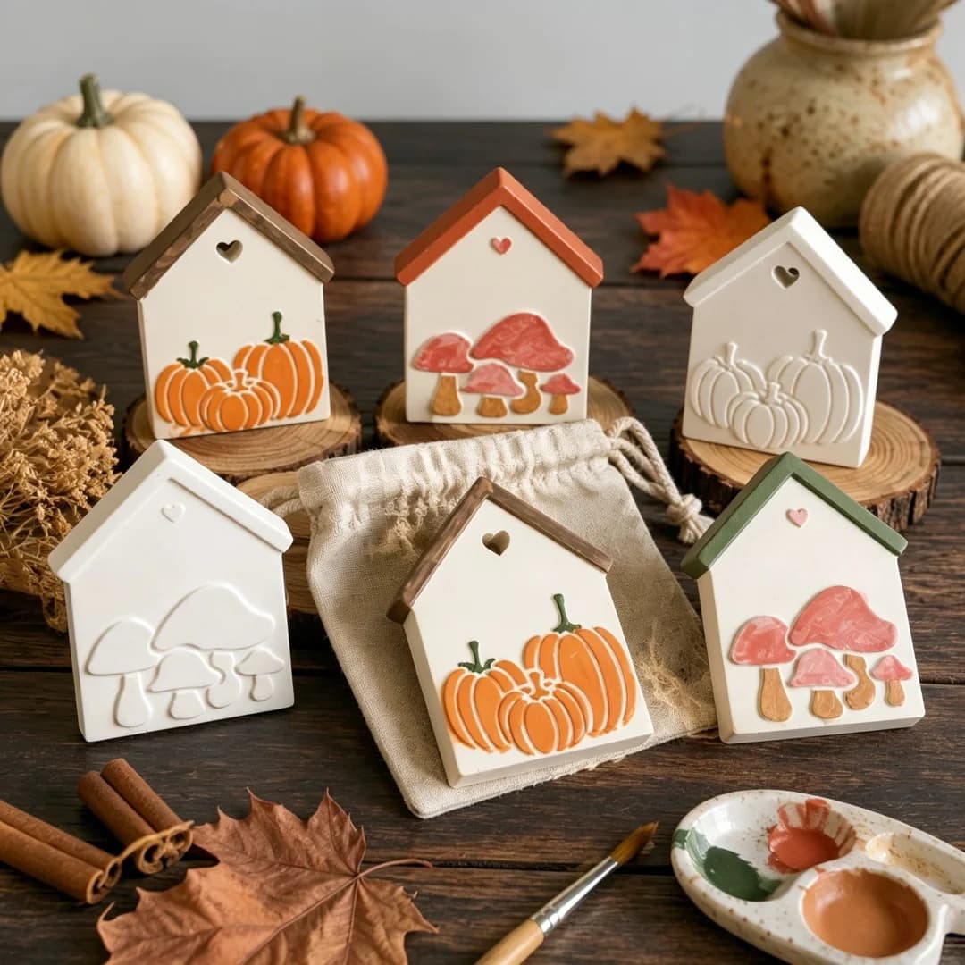 Fall House Pendant Gypsum Hanging Silicone Mold Pumpkin Mushroom Mini House Hanging Plaster Crafts Epoxy Resin Wax Sheet Mold