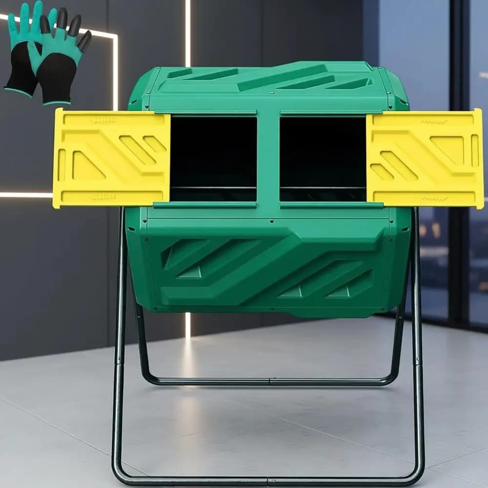 Compostiera a Doppia Camera con Guanti, Facile da Montare, Verde per Giardino Esterno e Rifiuti da Cucina