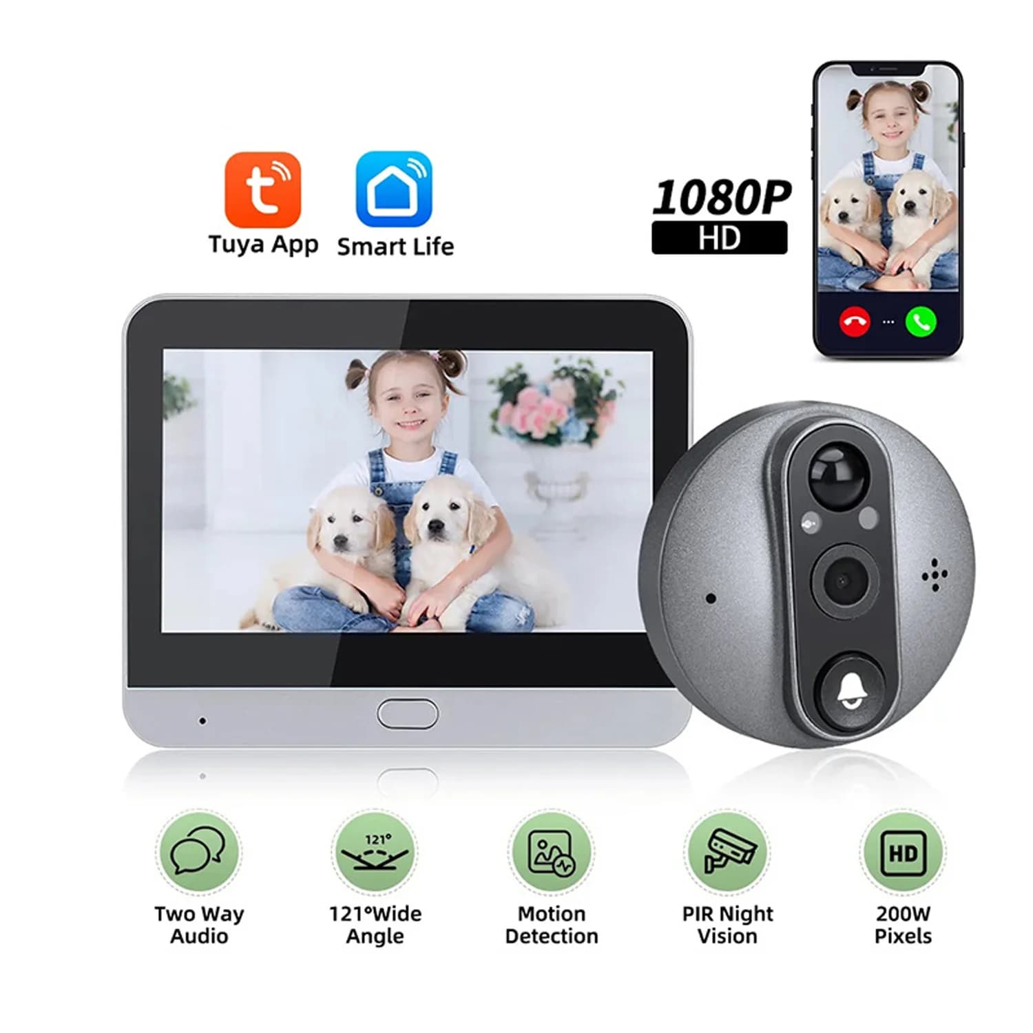 Campanello wireless da esterno Smart Life da 2 MP con telecamera Tuya Video di sicurezza domestica Spioncino digitale compatibile con Alexa per la casa