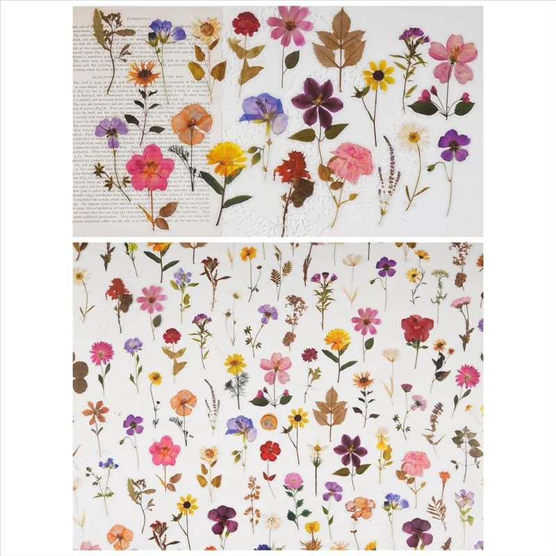 A20M Printed Flower Theme Stickers Set (320 pieces) Resin Stickers with Dry Flowers Decalcomanie Floral Stickers for Botanical Diary