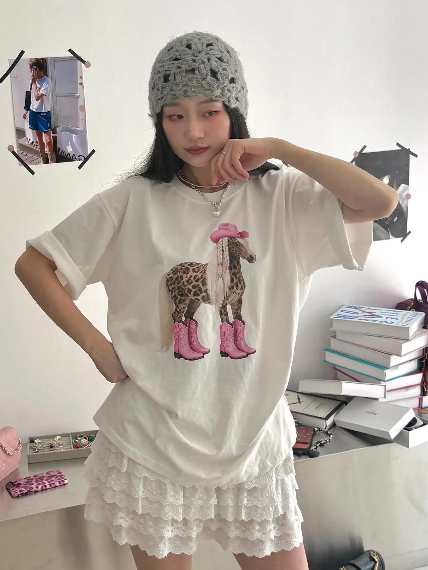 East Today Pink Boot Pattern Printed Casual Loose Pure Cotton Comfortable Short Sleeve T-Shirt Women's Fashion Soft Breathable