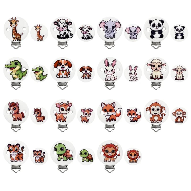 Set di 2 Clip per Ciuccio in Silicone con Stampa di Animali Cartoon, Perline Molari, Accessori per Catena Portaciuccio Fai-da-Te
