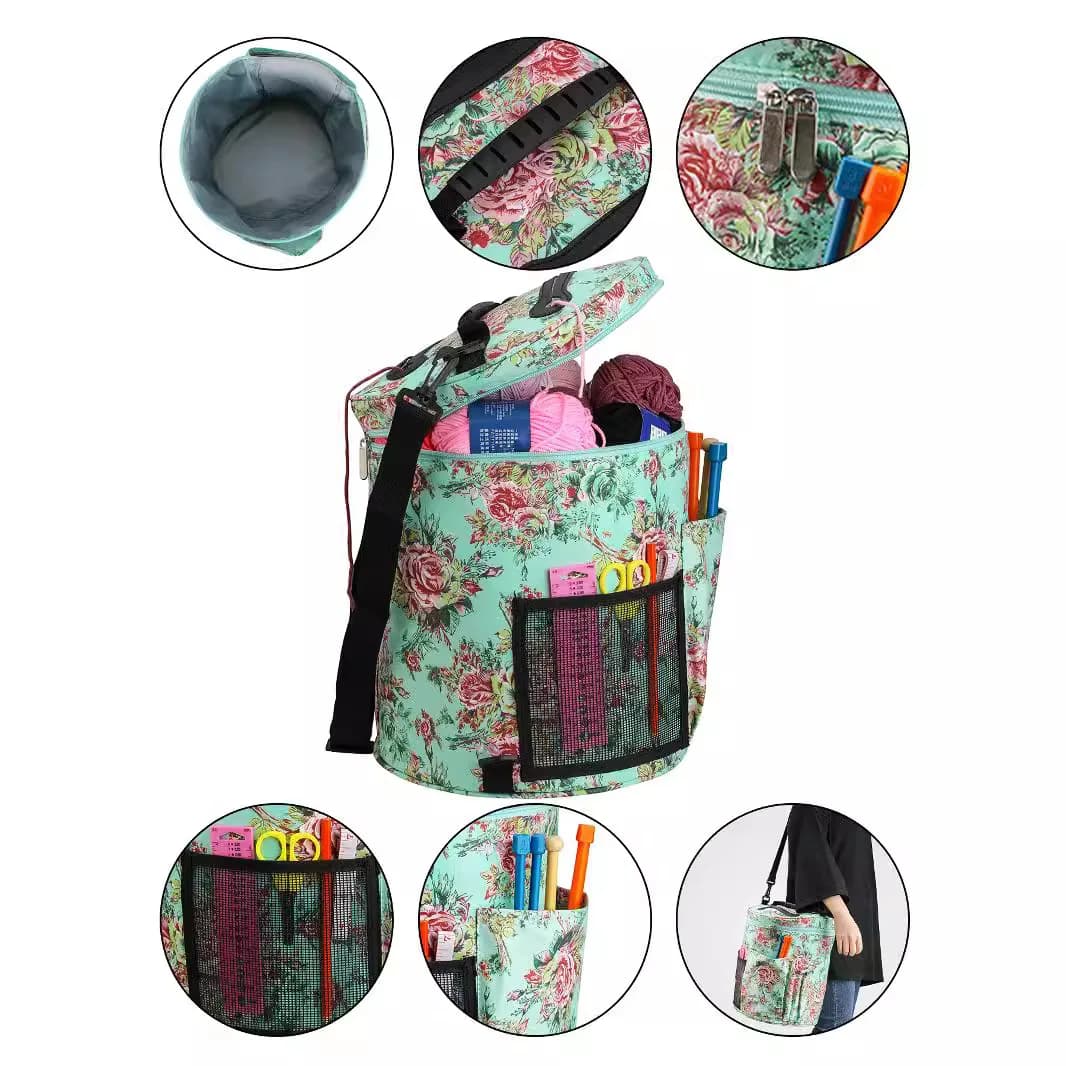 Borsa a secchiello per riporre il filato per la casa Strumento per tessitura Borsa per riporre il gancio all'uncinetto con peonia in filato fai-da-te Panno Oxford per uscire a mano nella borsa a mano