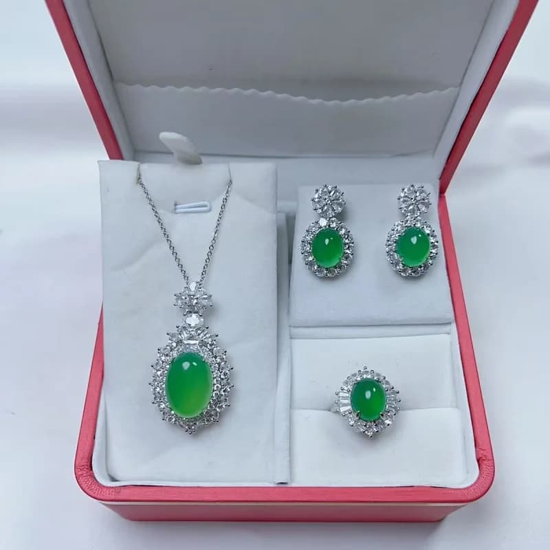 High Emperor Green Agate Luxury Inlaid Necklace Pendant Ring Three-Piece Earrings Set