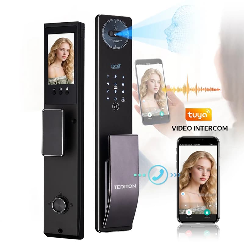 Tediton facial recognition smart door lock 6068 mortise fingerprint Tuya wireless digital smart lock with home camera