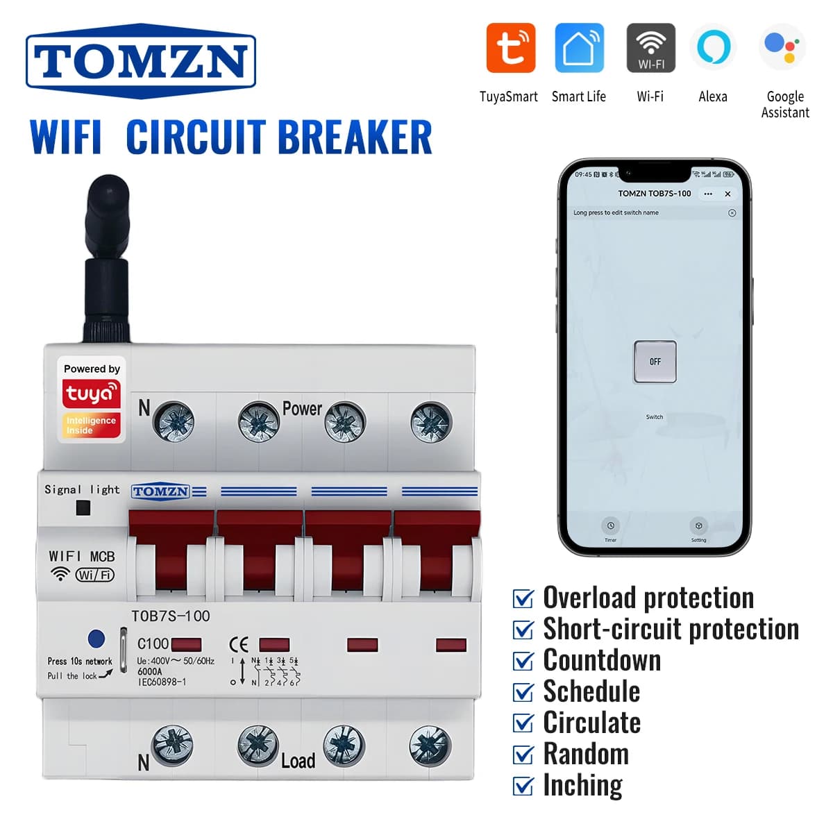 Interruttore automatico intelligente TOMZN DIN Rail TOB7S-100 WIFI 4P 400V~ 50/60Hz bloccabile multifunzione 100A per alimentazione trifase caricatore EV