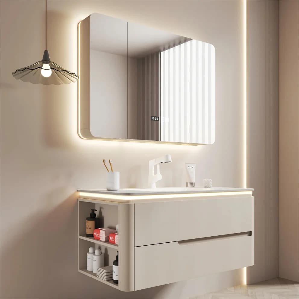 Mobile Bagno Lusso con Specchio Smart Integrato, Laccato in PVC, con Lavabo in Ceramica e Lavello, Stile Classico - Promozione