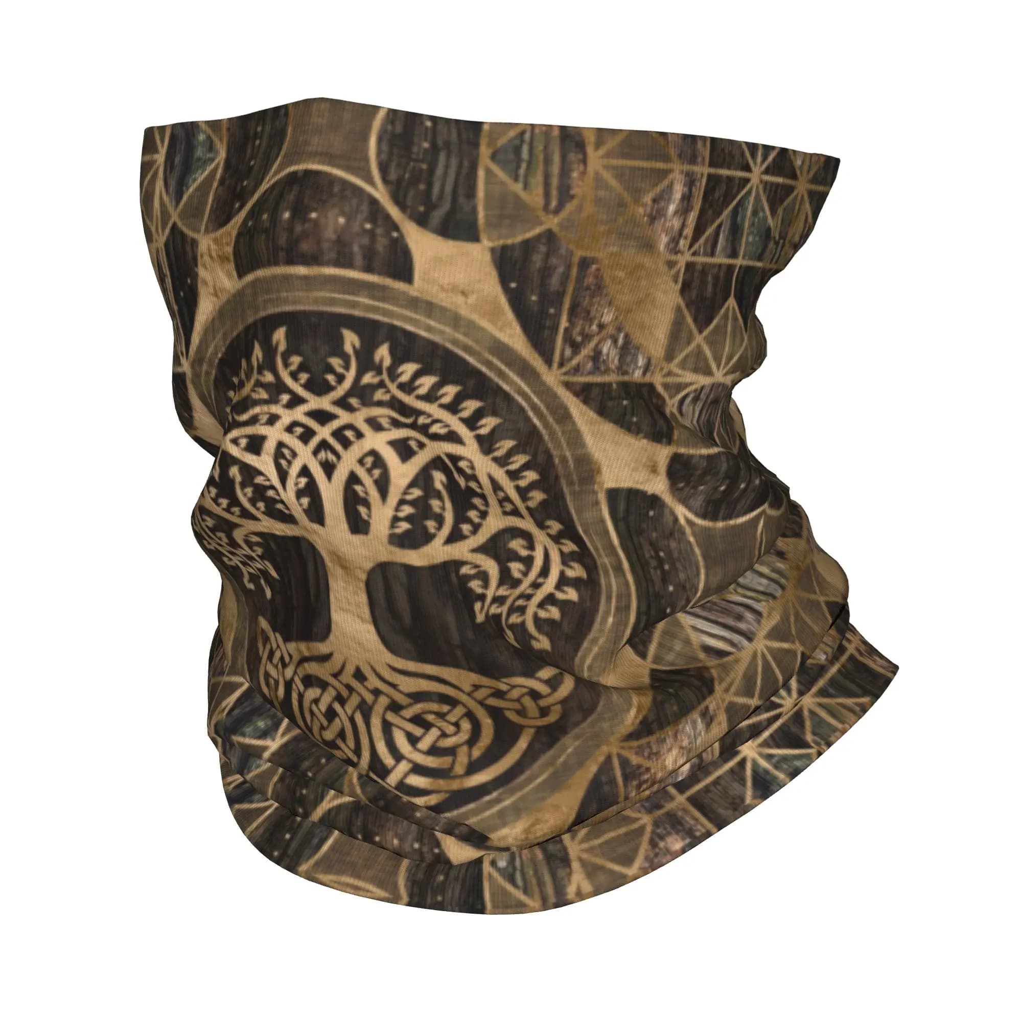 Albero della vita -Yggdrasil - Bandana in corteccia di legno e oro, copricollo, sciarpa, maschera calda per il viso, sport all'aria aperta, lavabile per adulti