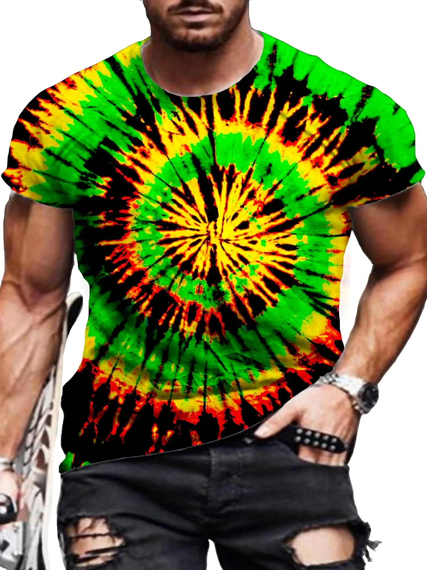 T-shirt tie-dye taglie forti da uomo - Motivo geometrico 3D vibrante, girocollo casual, poliestere morbido e traspirante,